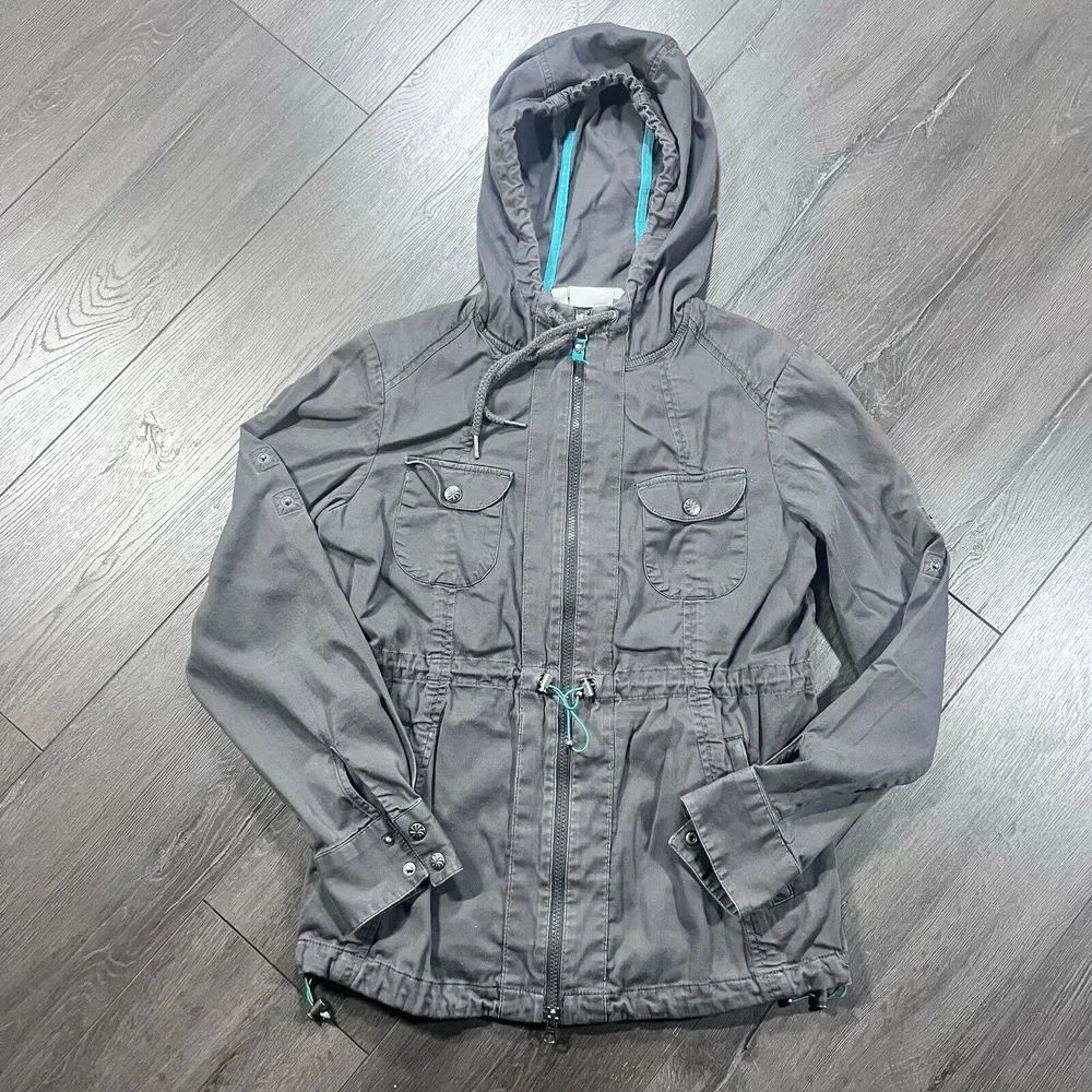 Athleta‎ Womens Jacket Small Gray Asphalt Anytime Anorak 2013 Roll Sleeve Boho